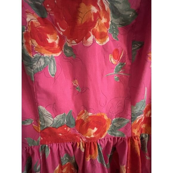 Laura Ashley Dress 1980s Pink Floral Orange Pink Cotton Pleated Bow Dress Sz 6 - Picture 7 of 16